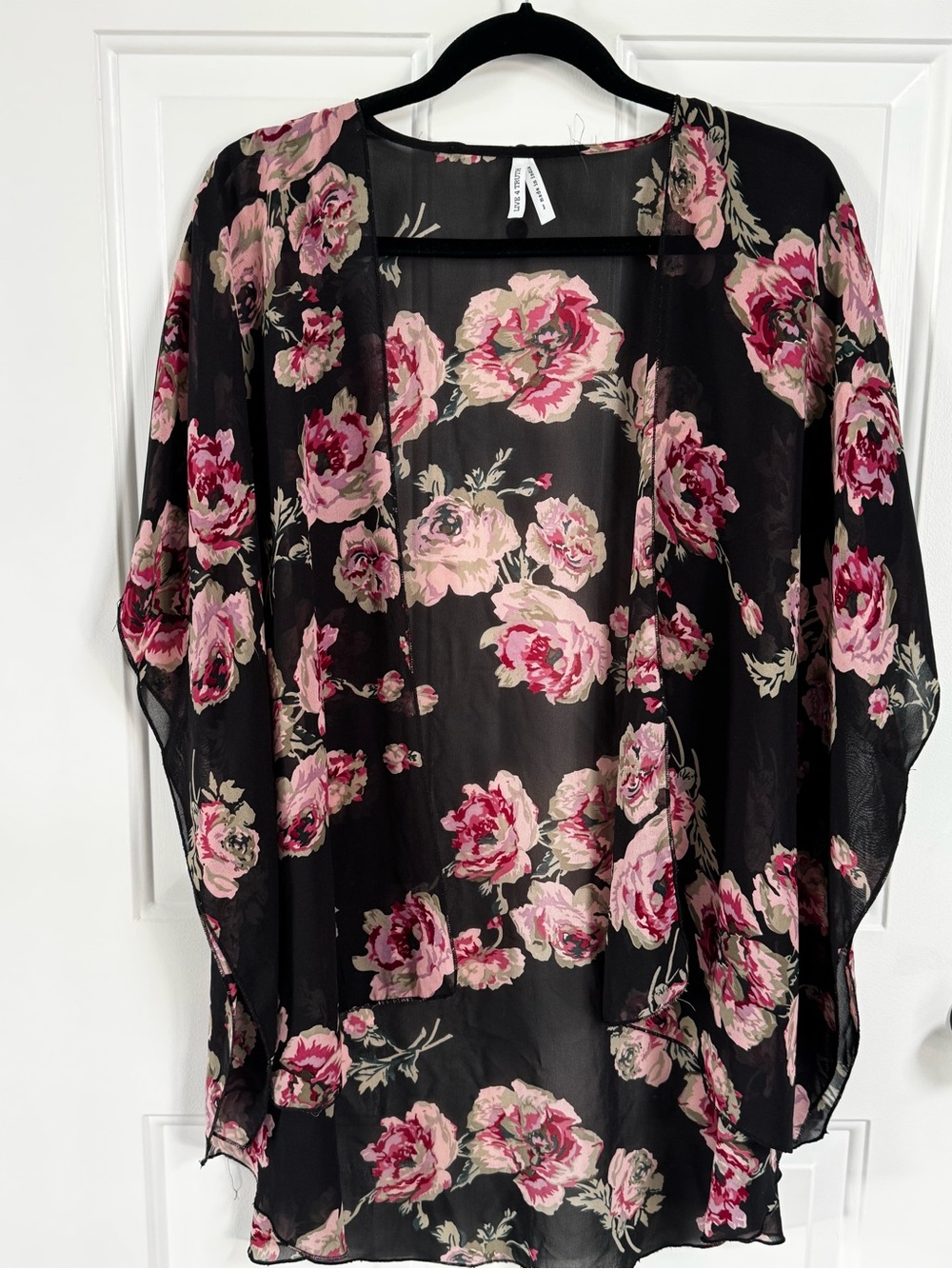 Live 4 Truth Black Sheer Floral Kimono with Pink Roses